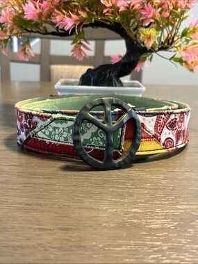 Lucky Brand Multicolor Fabric Belt with Peace Sign Buckle